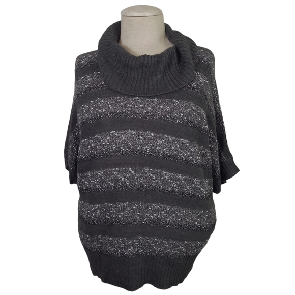 Agb Grey Metallic Striped Cowel Neck Short Sleeve Sweater - 1X - Picture 1 of 9